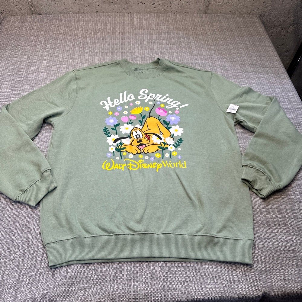 New Disney World Pluto Hello Spring Sweatshirt Sage Green Large Pullover